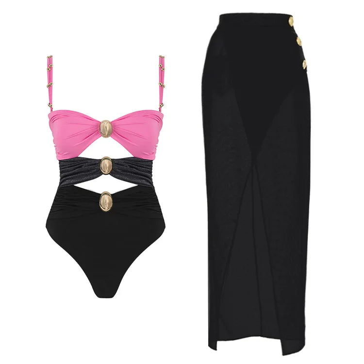Designer one-piece swimsuit with skirt- Amara