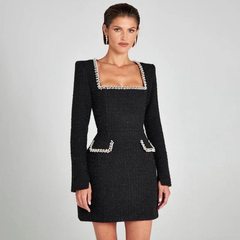 Elegant mini dress with bead details, square collar