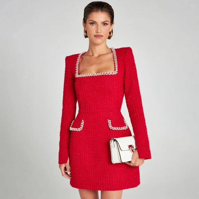 Elegant mini dress with bead details, square collar