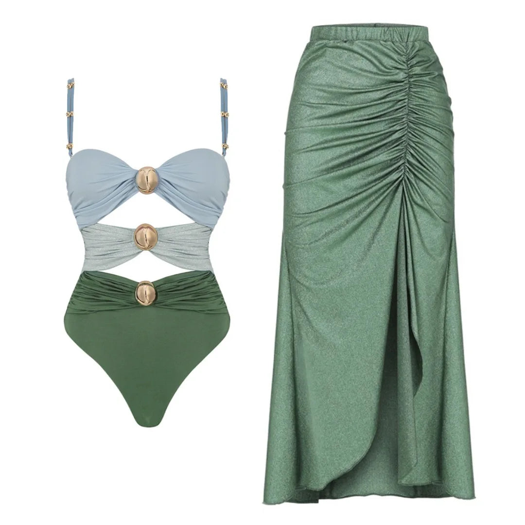Designer one-piece swimsuit with skirt- Amara