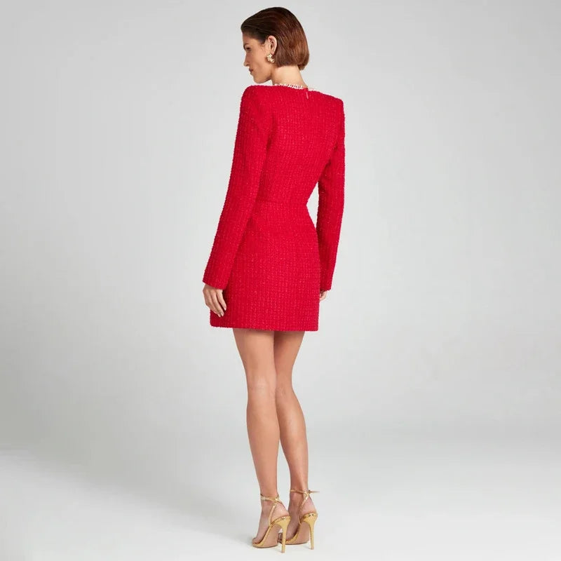 Elegant mini dress with bead details, square collar