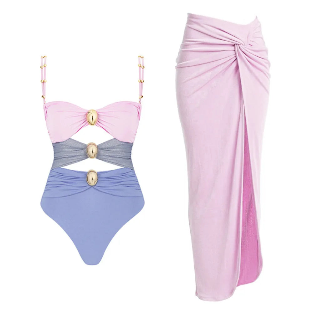 Designer one-piece swimsuit with skirt- Amara