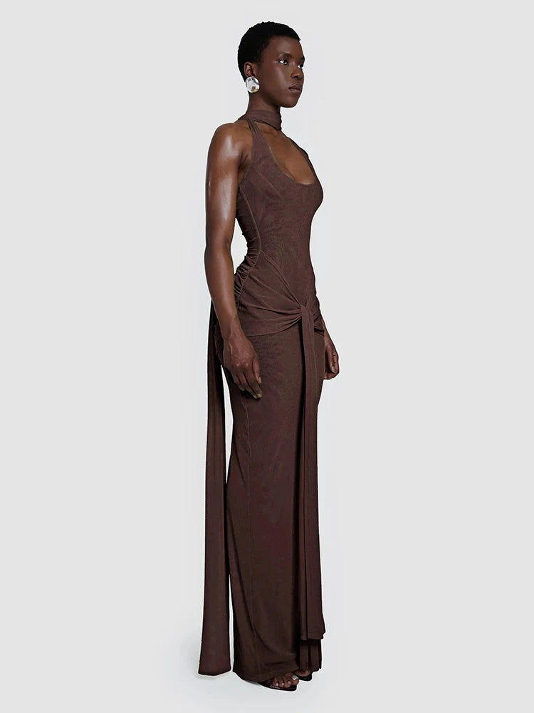 Selvya Brown Drape Gown