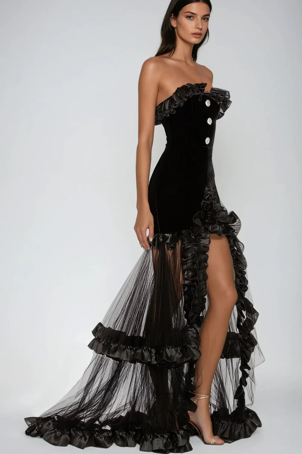 Eveloria Black Ruffle Gown
