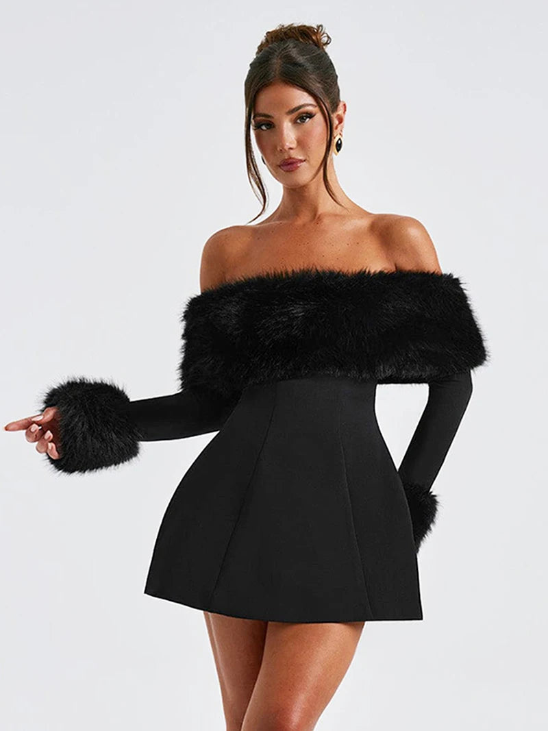 Elegant fur black strapless mini dress- Lyon