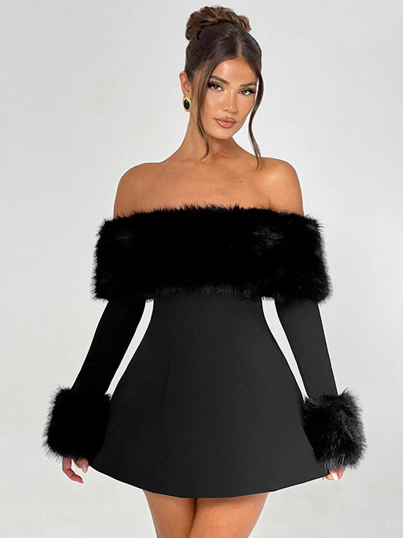 Elegant fur black strapless mini dress- Lyon