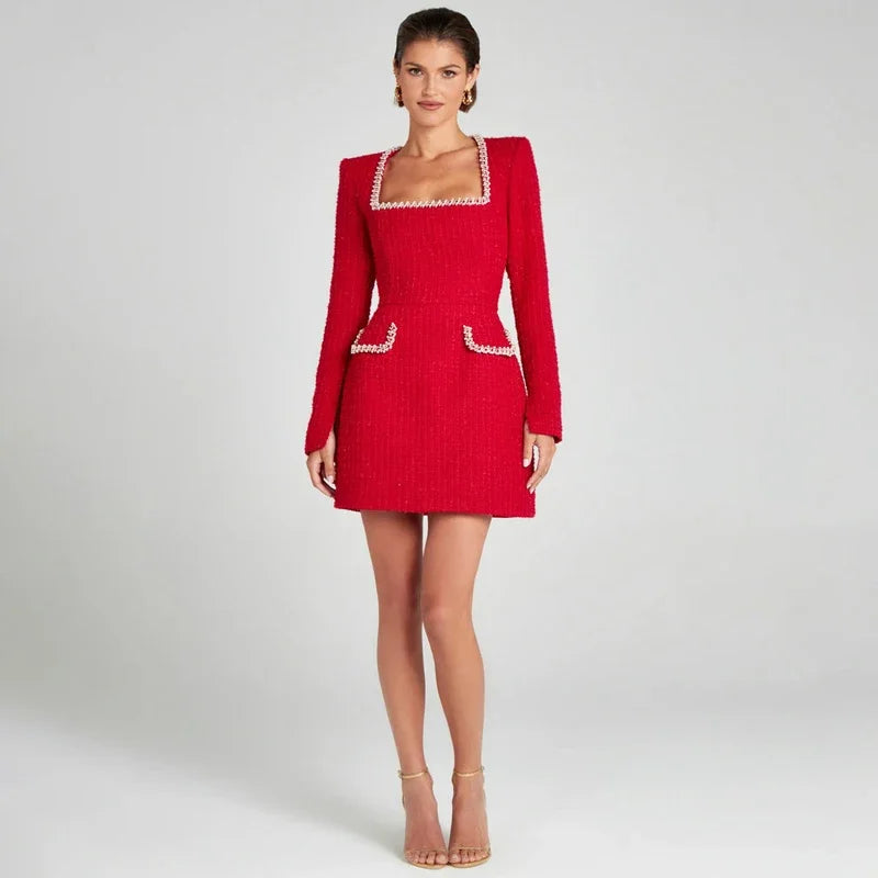 Elegant mini dress with bead details, square collar