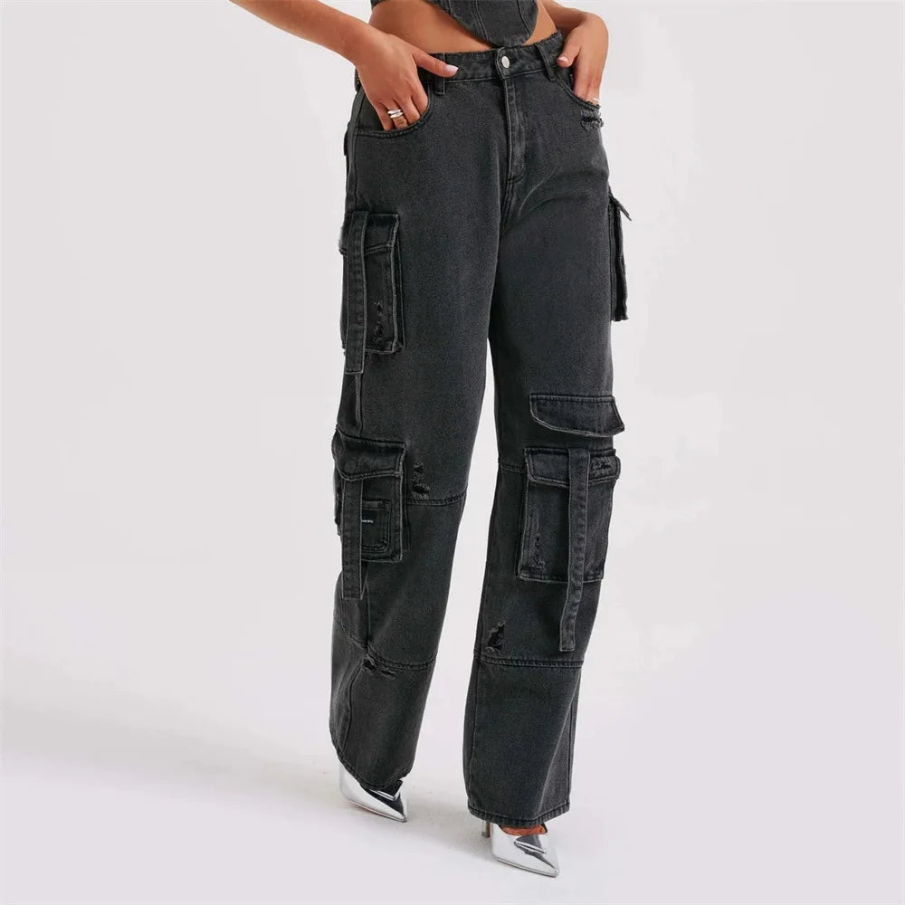 Stylish high-waist jeans for women with pockets.