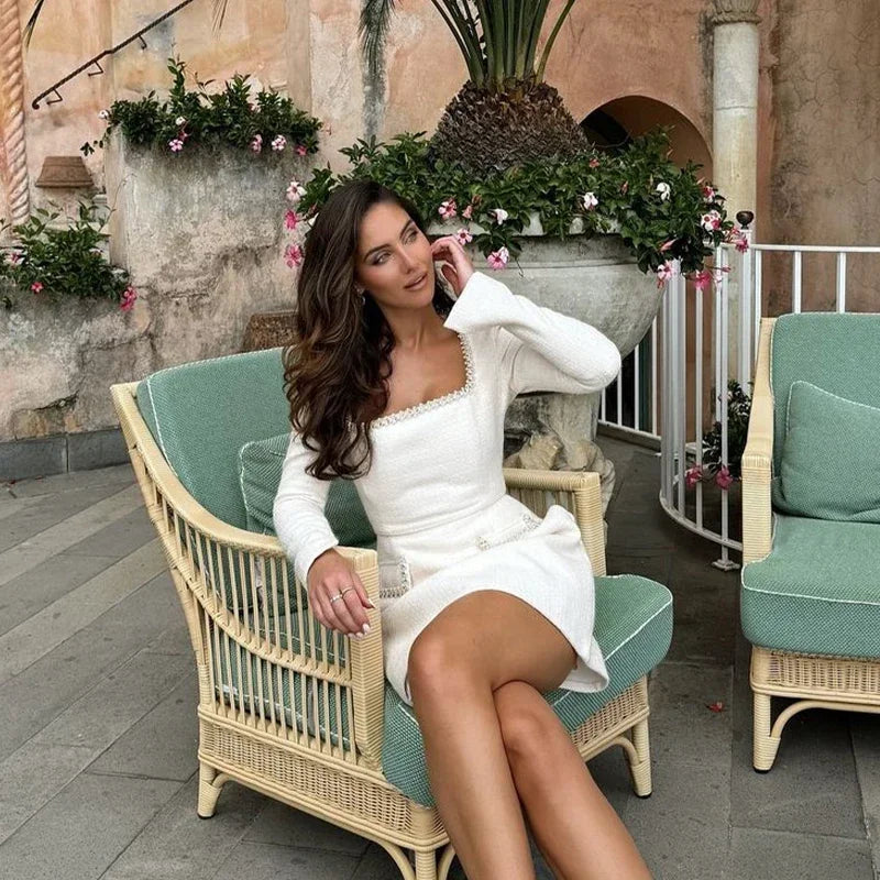 Elegant mini dress with bead details, square collar