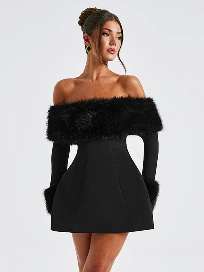 Elegant fur black strapless mini dress- Lyon