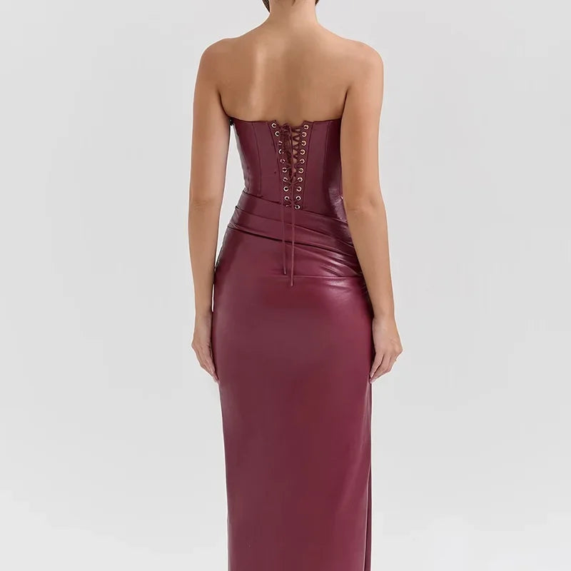 Strapless Burgundy Leather Dress