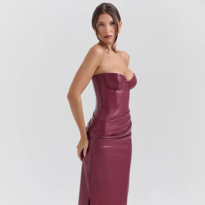 Strapless Burgundy Leather Dress