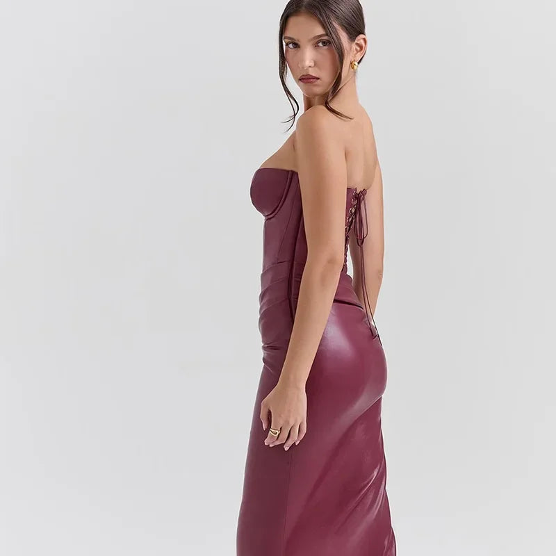 Strapless Burgundy Leather Dress