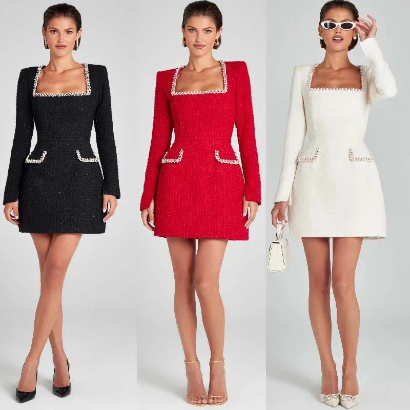 Elegant mini dress with bead details, square collar