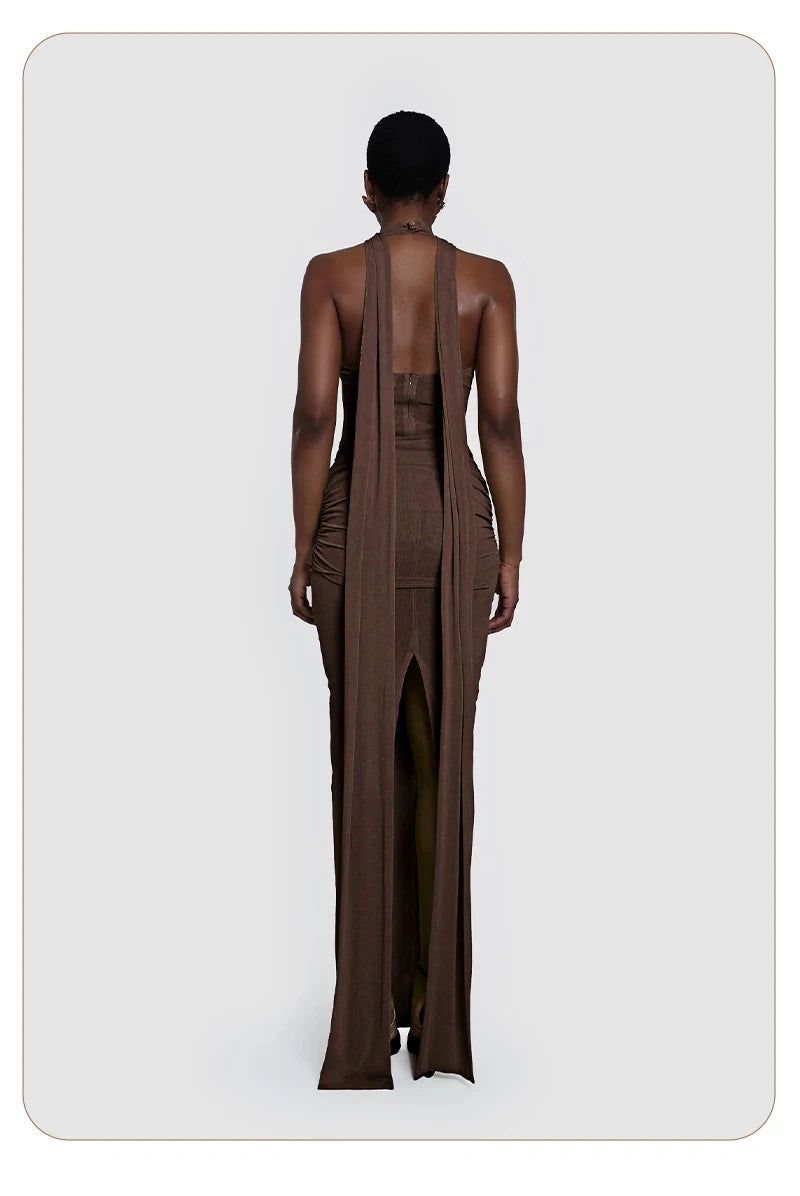 Selvya Brown Drape Gown