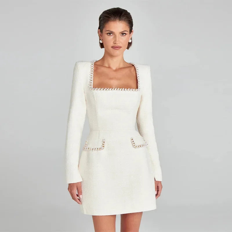 Elegant mini dress with bead details, square collar