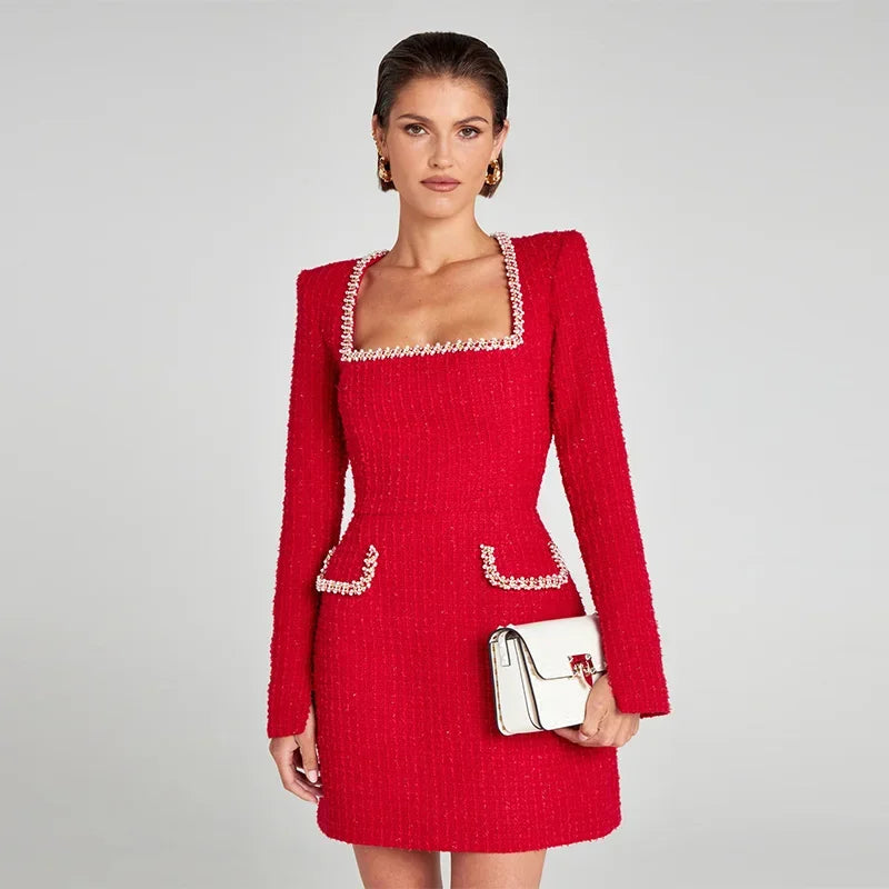 Elegant mini dress with bead details, square collar
