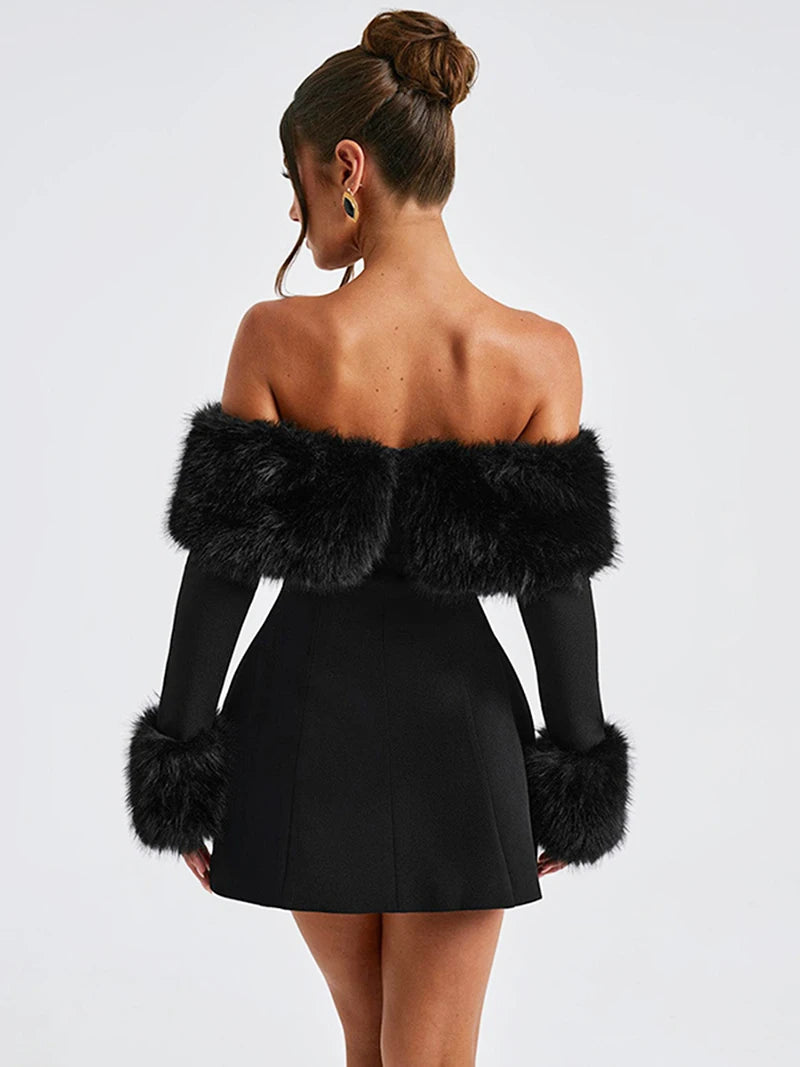 Elegant fur black strapless mini dress- Lyon