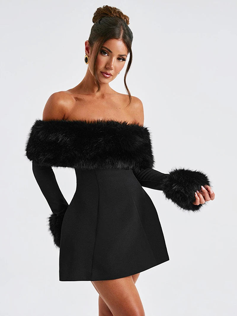 Elegant fur black strapless mini dress- Lyon